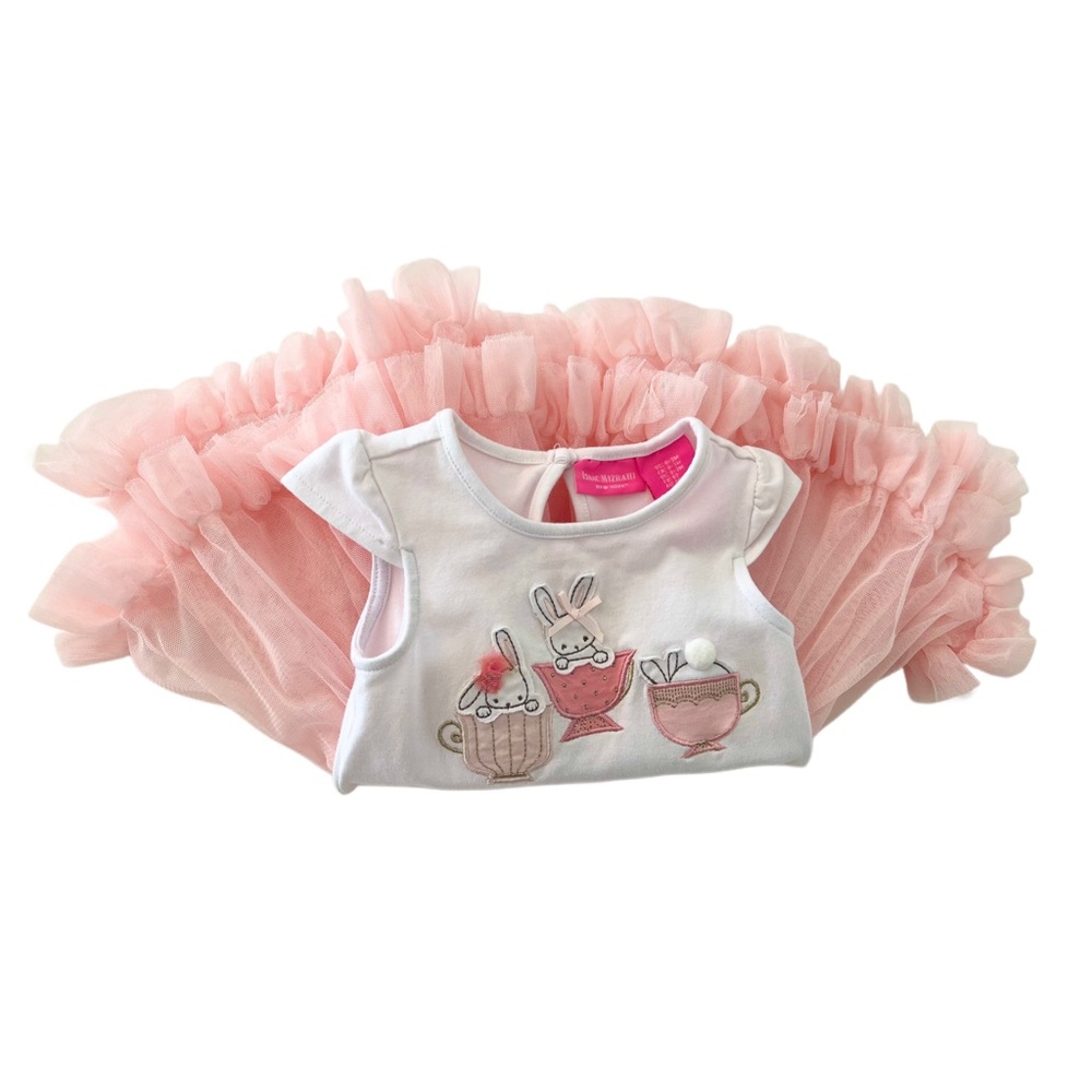 Isaac Mizrahi Peach Tulle Easter Ruffle Dress w/ Bunnies | Baby Girl 0-3 Months - Picture 3 of 8